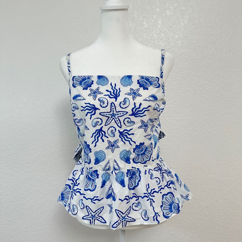 ON 34th Peplum Cami Top Womens XL Blue White Seashell Nautical Bow Coastal